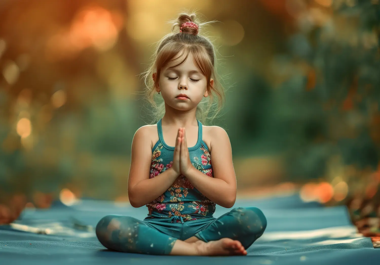 The Angel Loop - kleines Mädchen macht Yoga im Lotussitz, in Sportkleidung, auf einer grünen Matte sitzend, auf einem unscharfen Hintergrund Bokeh